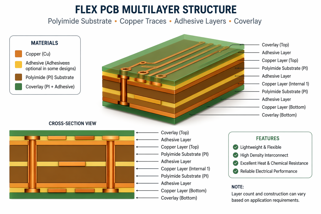 Flex PCB multilayer structure showing polyimide substrate, copper traces, adhesive layers, and coverlay
