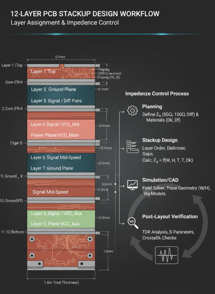 12 layer PCB stackup design workflow showing layer assignment and impedance control process from planning to verification