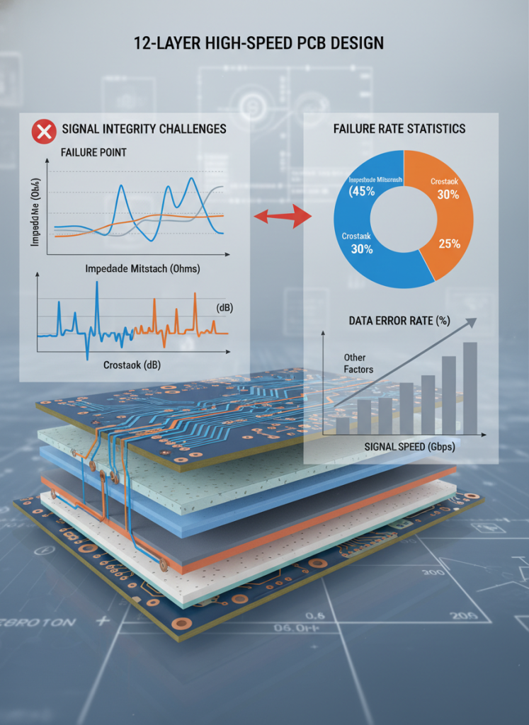 12-layer high-speed PCB signal integrity challenges and failure rates (impedance mismatch, crosstalk)