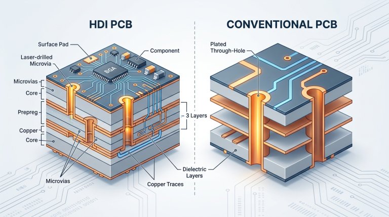 HDI PCB cross-section diagram showing microvias and build-up layers versus conventional PCB