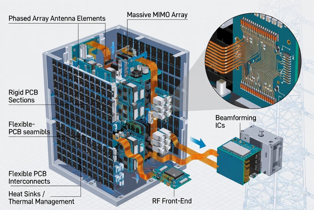 5G base station antenna array with rigid-flex PCB interconnects
