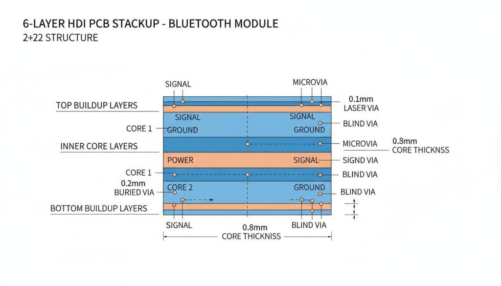 6-layer HDI PCB 2+2+2 stackup bluetooth module structure diagram