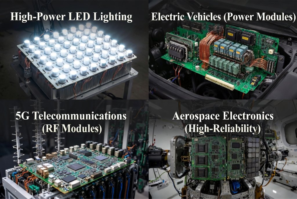 Ceramic PCB applications across high-power LED lighting, electric vehicles, 5G telecommunications, and aerospace electronics