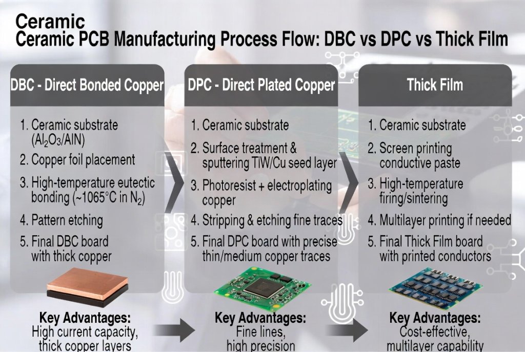Ceramic PCB manufacturing process flow showing DPC, DBC, and Thick Film technologies