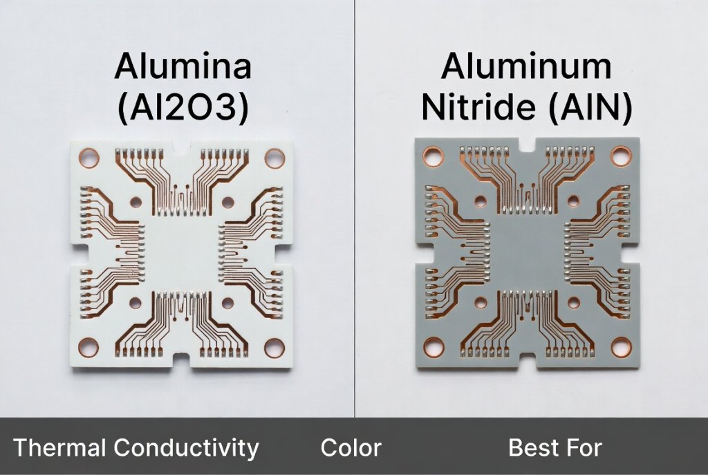 Ceramic PCB substrate material comparison between Alumina (Al₂O₃) and Aluminum Nitride (AlN)
