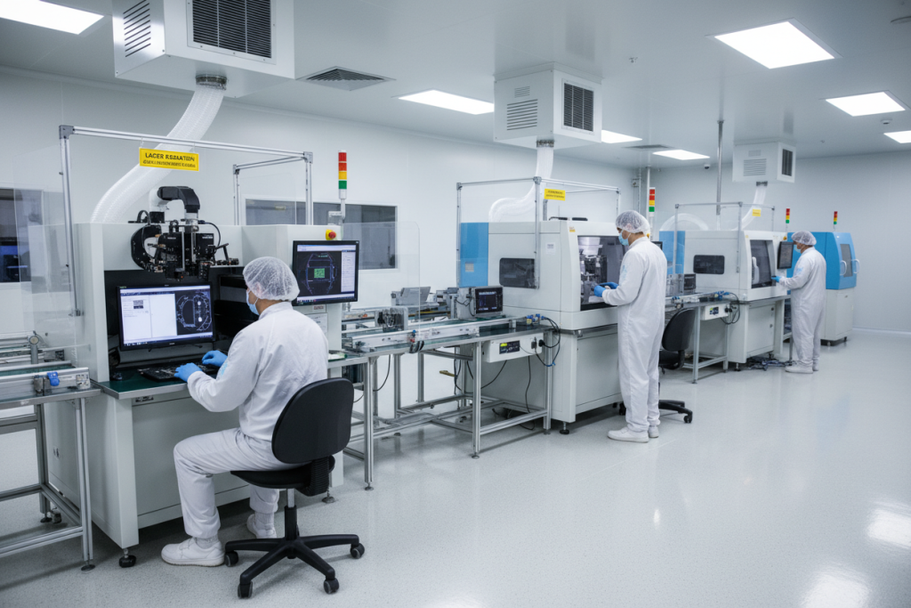 Clean room manufacturing environment showing aerospace PCB quality control stations with AOI and X-ray inspection equipment