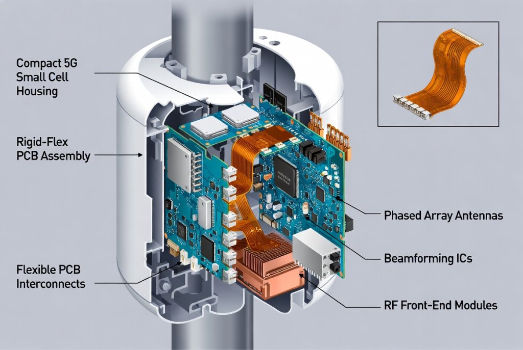 Compact 5G small cell with integrated rigid-flex PCB assembly