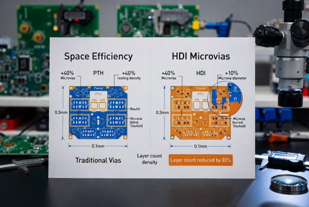 Comparison diagram showing space usage between traditional through-hole vias and HDI microvias