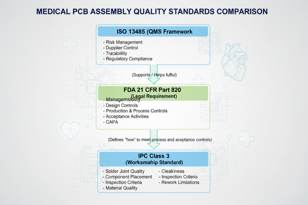 Comprehensive comparison of ISO 13485, IPC Class 3, and FDA quality requirements for medical PCB assembly