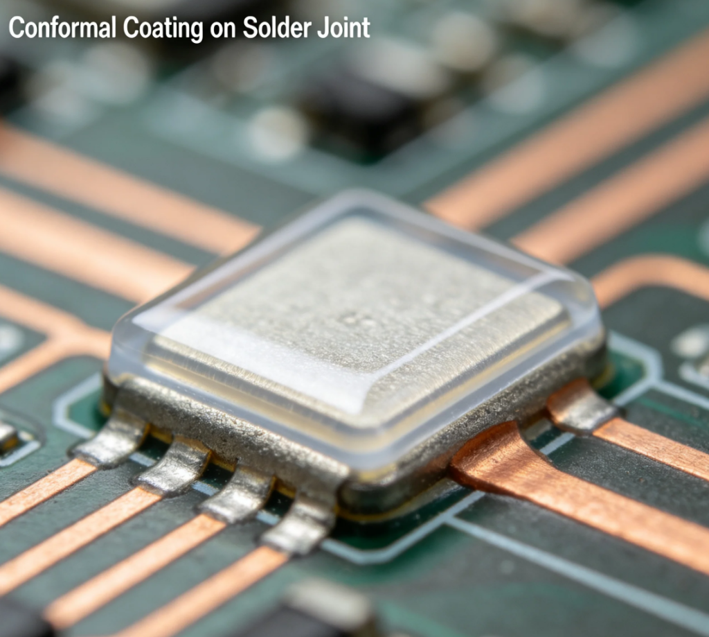 Conformal coating for PCB protection - cross-section microscope view of protective film on solder joint
