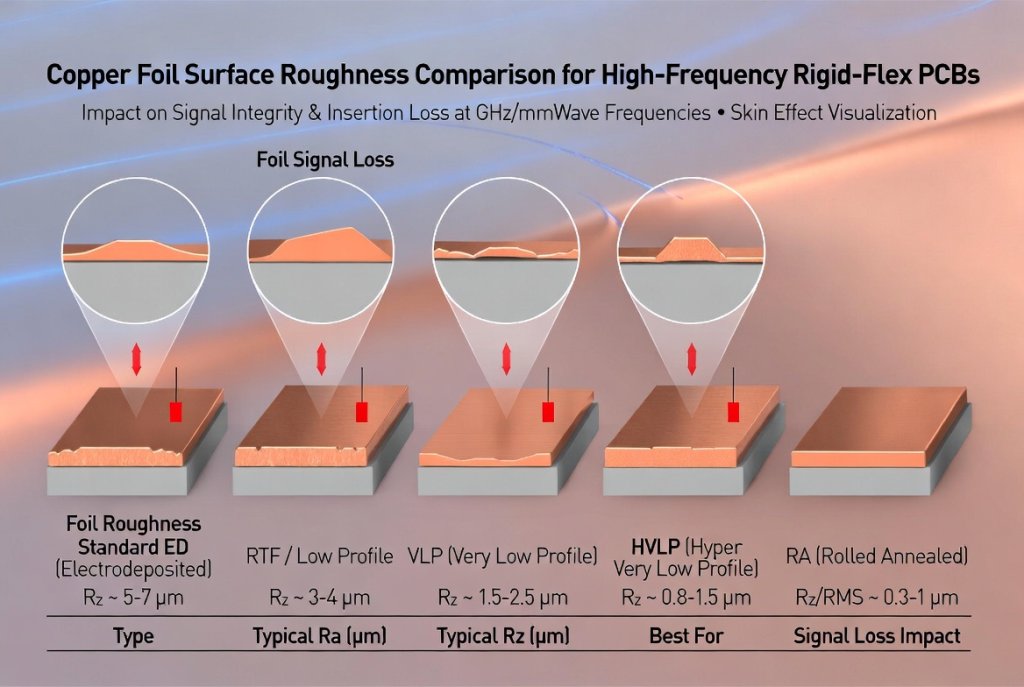 Copper foil surface roughness comparison for high-frequency rigid-flex PCB