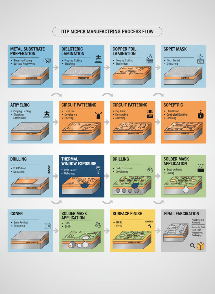 DTP MCPCB manufacturing process flow diagram from metal substrate preparation through circuit patterning and thermal window exposure