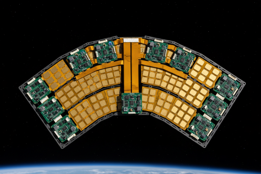  Deployable rigid-flex PCB antenna array for satellite synthetic aperture radar showing polyimide flex circuits and rigid processing modules