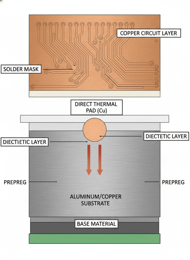 Direct Thermal Path MCPCB stack-up cross section showing copper circuit layer and direct exposed metal substrate