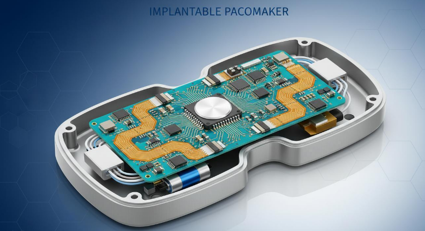 Figure 1: Cross-sectional visualization of a pacemaker enclosure showing rigid-flex PCB integration with battery, feedthrough capacitor, and lead connectors.