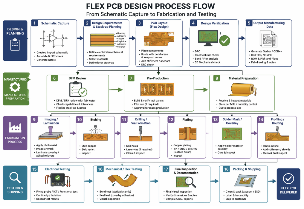 Flex PCB design process flowchart from schematic capture to fabrication and testing