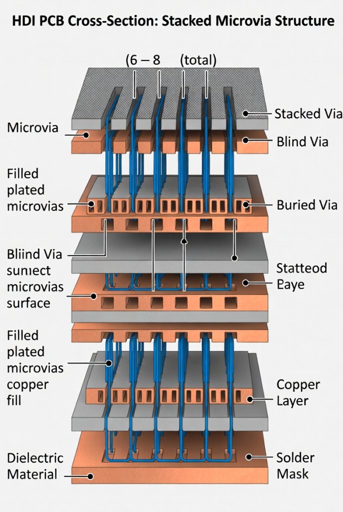HDI PCB cross-section diagram showing stacked microvia structure and layer interconnection