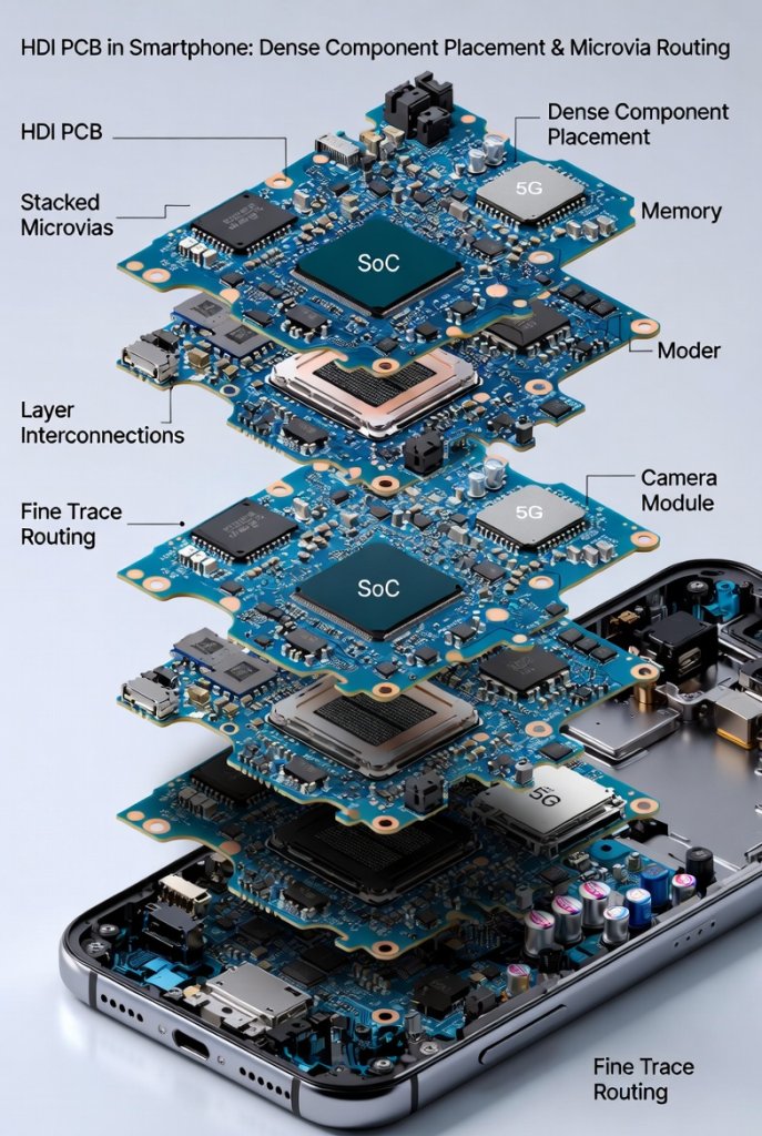 HDI PCB in smartphone application showing dense component placement and microvia routing