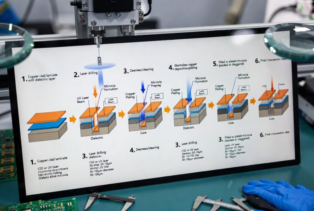 HDI PCB laser drilling process showing microvia formation