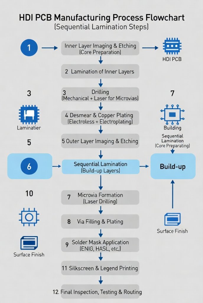 HDI PCB manufacturing process flowchart showing sequential lamination steps