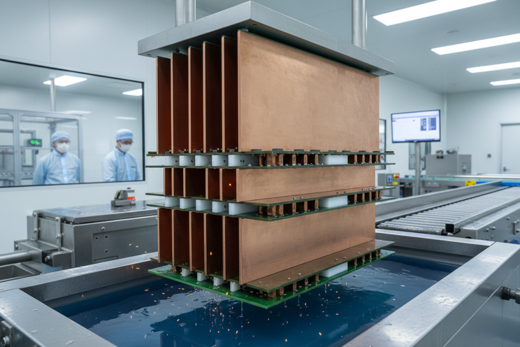 Heavy copper PCB manufacturing process showing thick copper layers