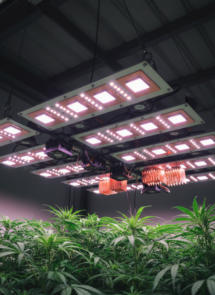 LED grow light fixture array showing DTP MCPCB implementation with high-power COB LEDs directly mounted on thermal pads