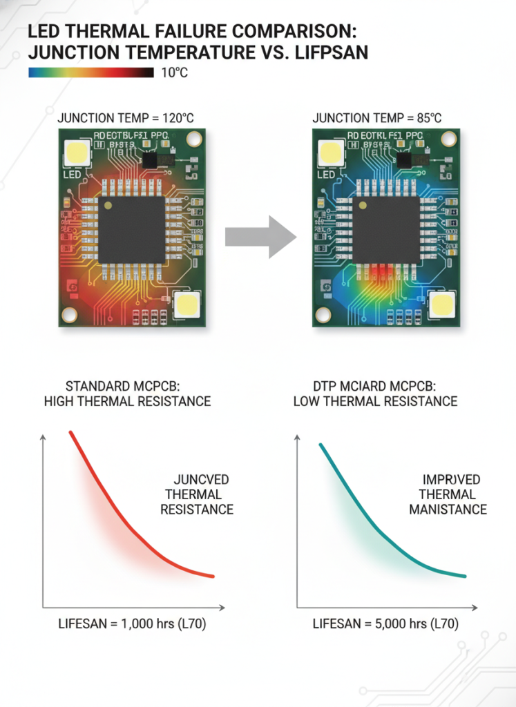 LED thermal failure comparison showing junction temperature effects on lifespan - DTP MCPCB thermal performance analysis