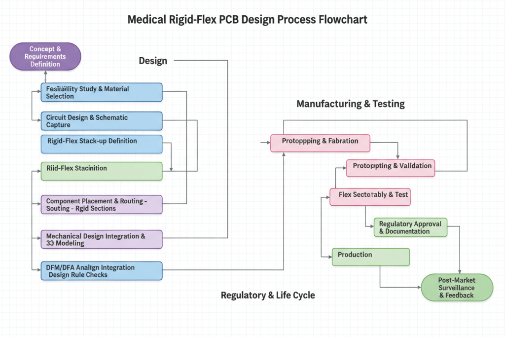 Medical Rigid Flex PCB Design Process Flowchart from concept to validation