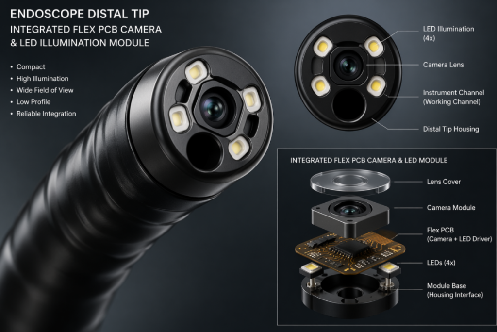 Medical endoscope distal tip with integrated Flex PCB camera and LED illumination module