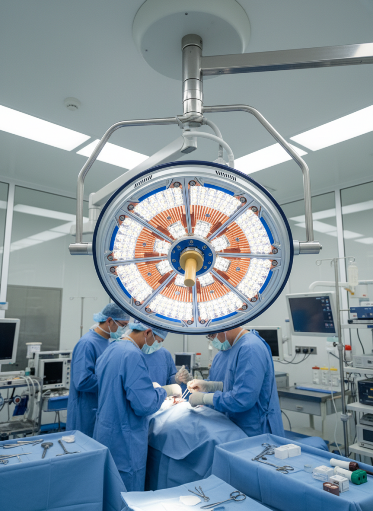 Medical surgical light system utilizing DTP MCPCB for high-CRI LED thermal management in operating room environment