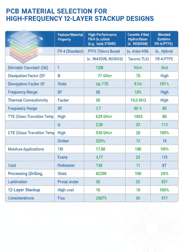 PCB material selection comparison chart for high frequency 12 layer PCB stackup design applications