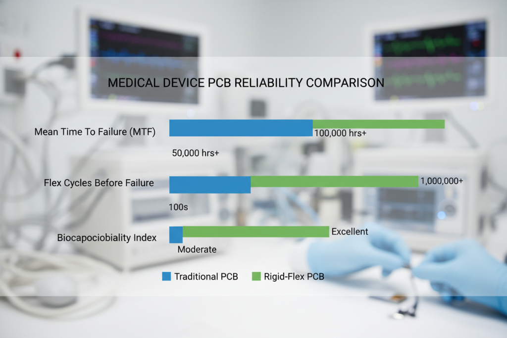 PCBs in medical environments
Comparison chart showing reliability metrics between traditional PCBs and rigid flex
