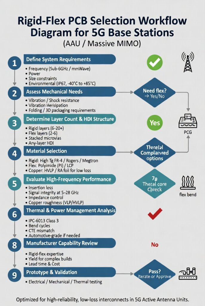 Rigid-flex PCB selection workflow diagram for 5G base stations