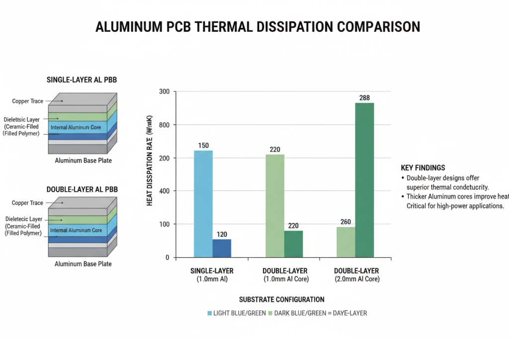 Single vs Double Layer Aluminum PCB thermal performance comparison chart showing heat dissipation rates across different substrate configurations