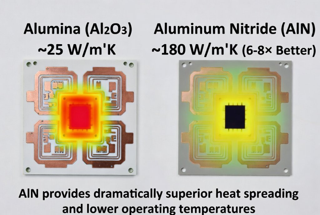 Thermal conductivity comparison showing AlN's 6-8x superior heat dissipation capability