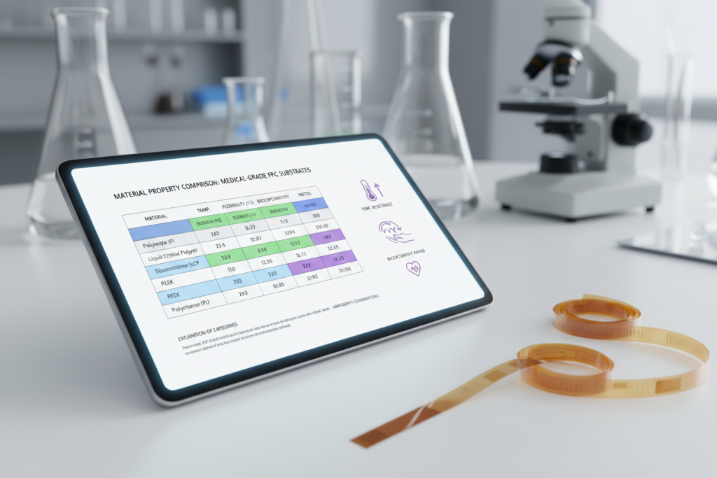 Material property comparison chart showing temperature resistance, flexibility index, and biocompatibility ratings for medical-grade FPC substrates.