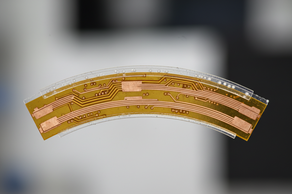 Cross-sectional view of medical-grade flexible PCB showing polyimide substrate, adhesiveless copper layers, and coverlay structure optimized for endoscopic applications.