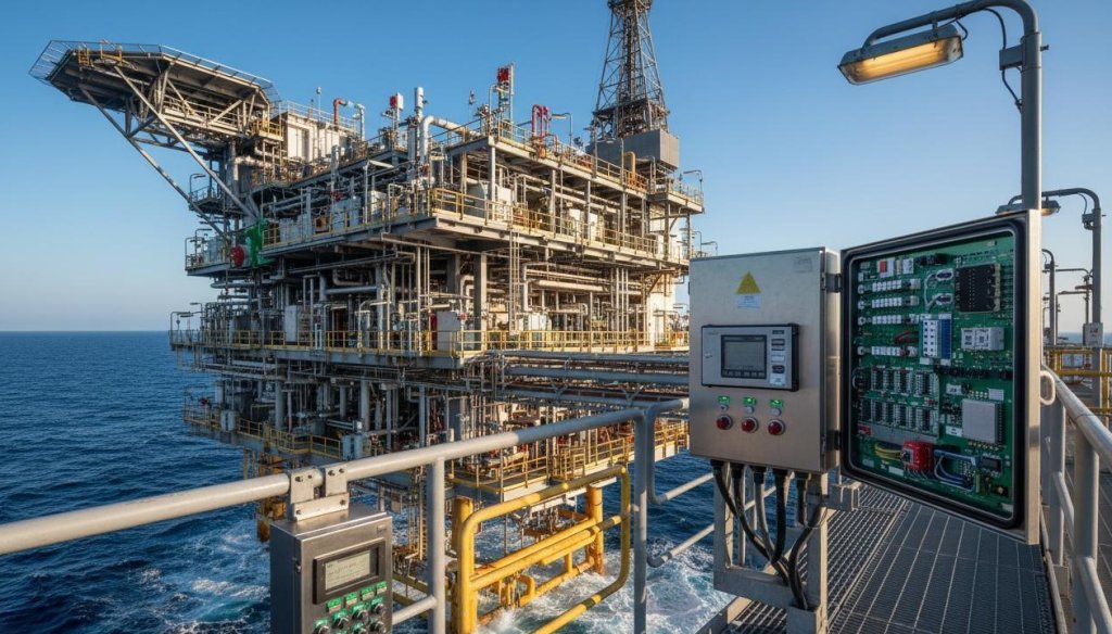 Offshore oil platform with electronic control systems and PCB-based monitoringequipment
