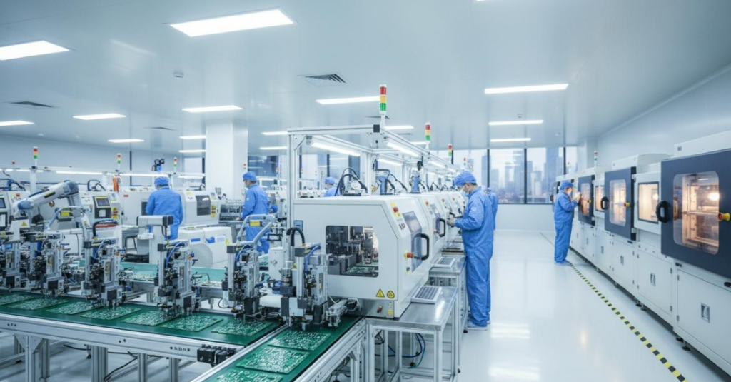 Automated PCB assembly factory line with SMT machines and AOl inspection in cleanoom