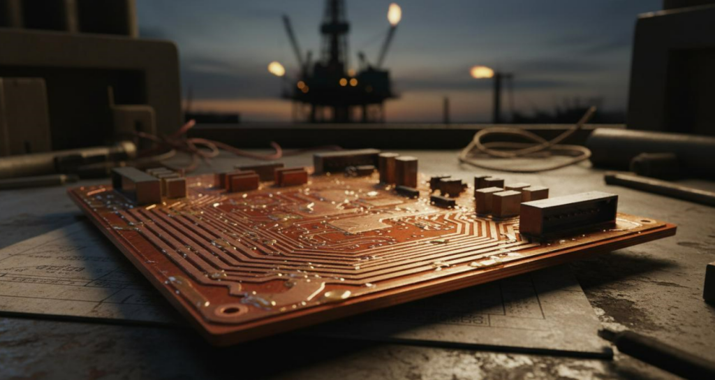 conformal coating on industrial workbench Rugged heavy copper PCB designed for oil drilling equipment with protective
