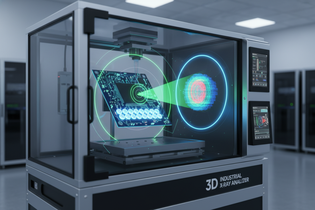 3D X-ray machine inspecting hidden BGA solder joints on an automotive circuit board