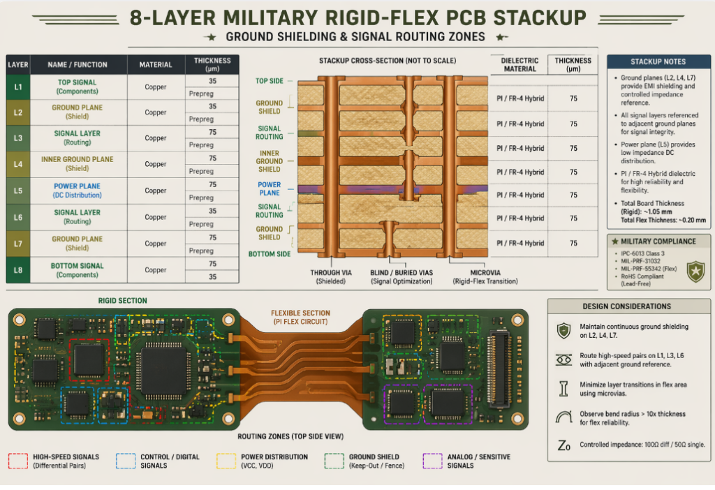 8-layer military rigid-flex PCB stackup diagram with ground shielding and signal routing zones](ALT 8-layer-military-rigid-flex-pcb-stackup-diagram