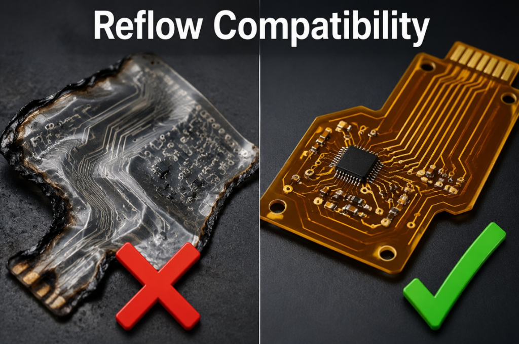 A comparison showing a failed, melted PET board next to a perfectly intact PI board after a heat test.