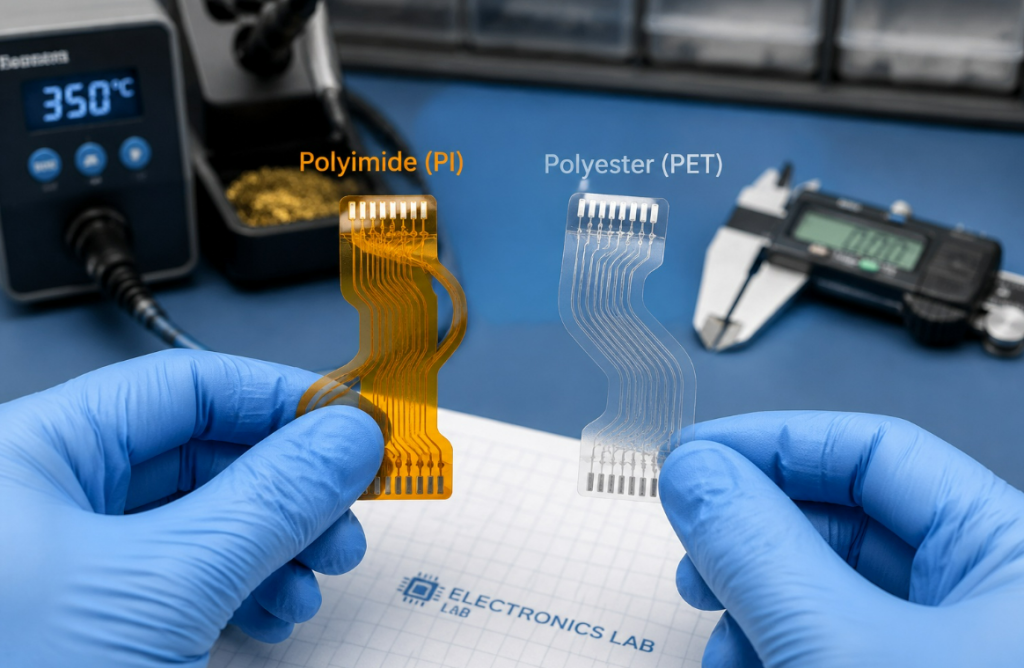 A high-quality macro photograph of a golden-brown Polyimide FPC and a clear Polyester FPC side-by-side on an engineering workbench.