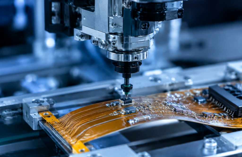 A robotic arm placing components on a multi-layer Polyimide flexible circuit in a high-tech factory.