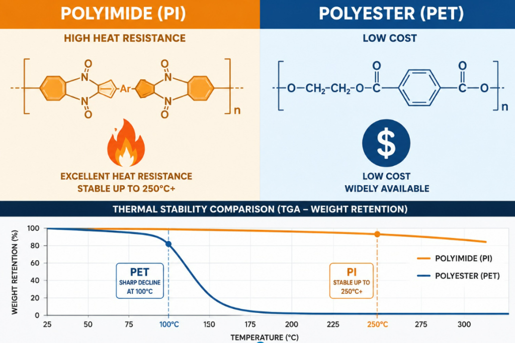 A technical diagram showing the molecular structure of Polyimide vs Polyester and a chart illustrating their thermal expansion rates.