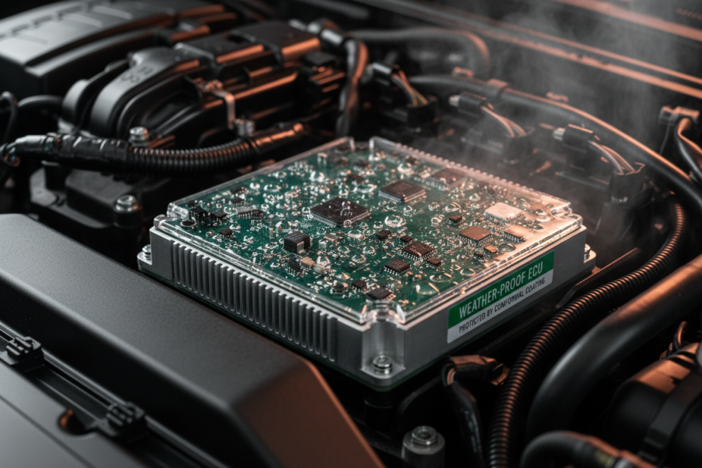 Automotive ECU with conformal coating protection - circuit board installed in enginecompartment environment showing moisture and heat resistance