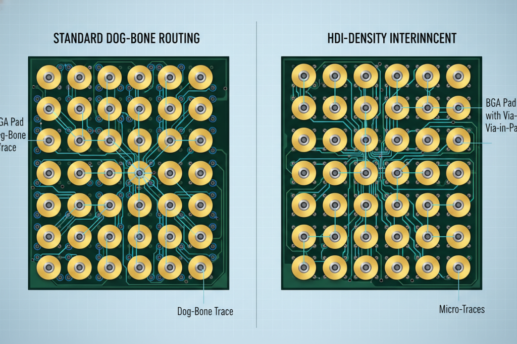 Comparison of BGA fanout using standard dog-bone routing versus HDI via-in-pad