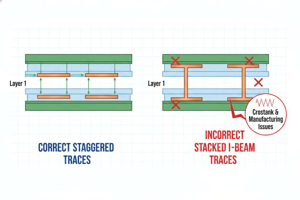Comparison of correct staggered traces vs incorrect stacked I-beam traces
