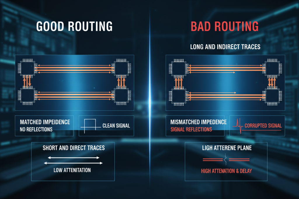 Comparison of good vs bad high-speed PCB trace routing over ground planes